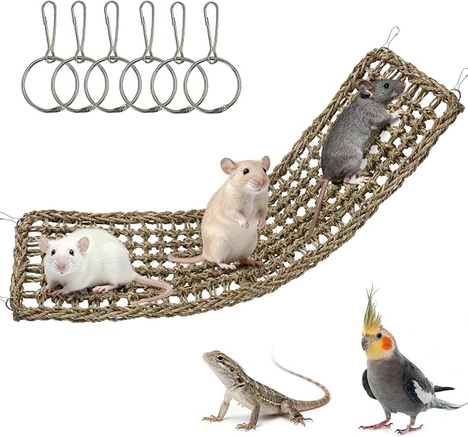 30x7inch Rat Climbing Toys for Cage, Chewable Natural Seagrass Mat | with Metal Hooks, Soft Fall Breakers for Rats, Rat Ladder Bridge Toy with Mild Grassy Scent, Rodent Hammock Cage Accessories