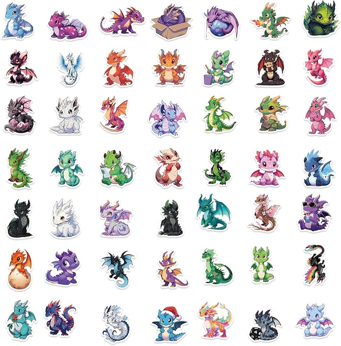 50Pcs Dragon Sticker, Cute Stickers for Kids Teens Adults, Vinyl Cartoon Animals Decals Kawaii Sticker for Decor Water Bottles Laptops Guitar Scrapbook (Dragon)