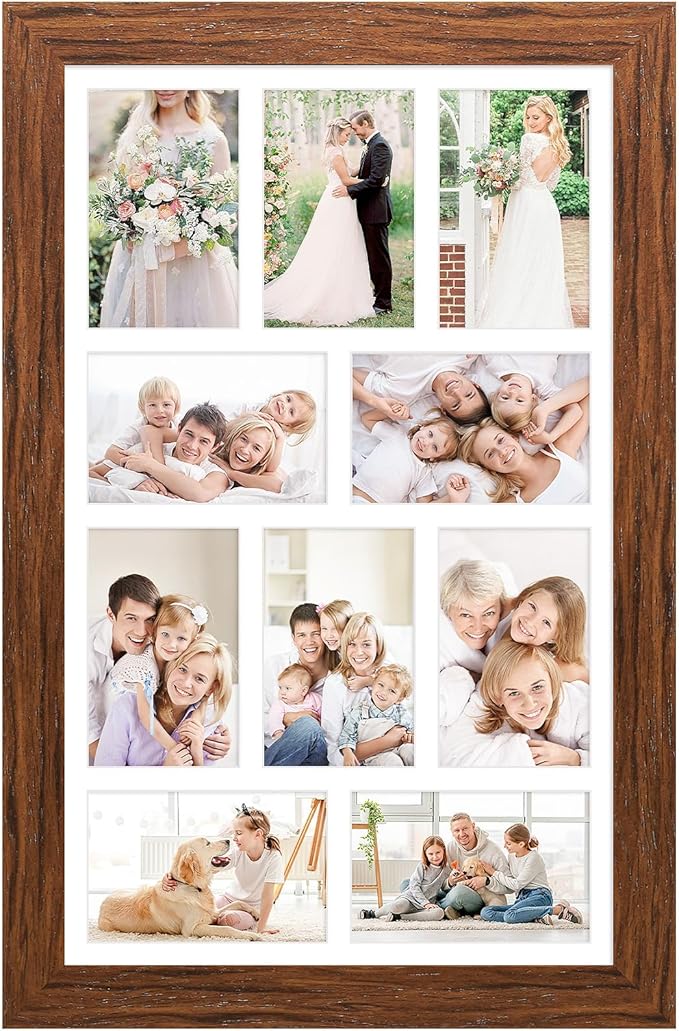 13x21 Picture Frame Display 10 opening 4X6 Picture Frame Collage,Multi Photo Frame with Mat,Plexiglass,Wall Mount Decor,Carbonized Brown Wood Grain