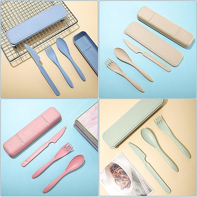 Yahenda 28 Sets Reusable Travel Utensils Set with Case Wheat Straw Cutlery Portable Spoon Knife Fork Tableware Lunch Box Accessories Bulk for Adults Travel Picnic Camping Utensils Gifts(Pastel Color)