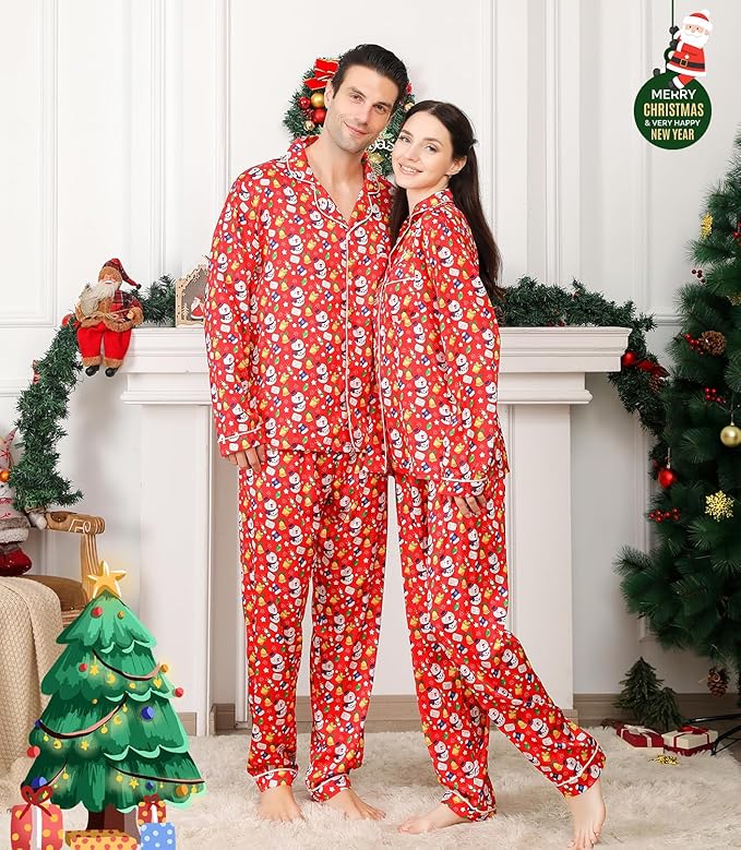 ANGELGGH Family Christmas PJs Matching Sets 2 Pcs Festival Party Pajamas Holiday Warm Sleepwear Couples Button Loungewear