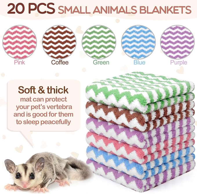 Moukeren 20 Pcs Guinea Pig Fleece Bedding Blankets Bulk Washable Small Animal Fleece Cage Liners Pet Sleeping Mat Cover for Hamster Chinchilla Rabbit Hedgehog (12 x 12 Inch,Wavy Style,Multicolor)