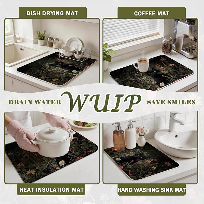 Black Cat Dish Drying Mats for Kitchen Counter, Cat Mom Gifts, Moody Floral Botanical Absorbent Reversible Coffee Bar Mat Drying Pad for Kitchen Decor, 12x15 Inch