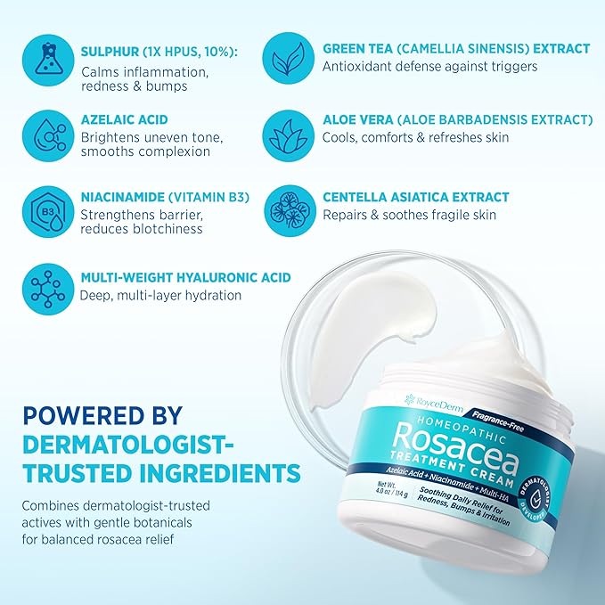 Roycederm Rosacea Treatment for Face with Azelaic Acid – Redness Relief & Corrector – Sensitive Skin Moisturizer for Redness, Bumps & Irritation with & Sulphur, Niacinamide, Centella & Ceramides