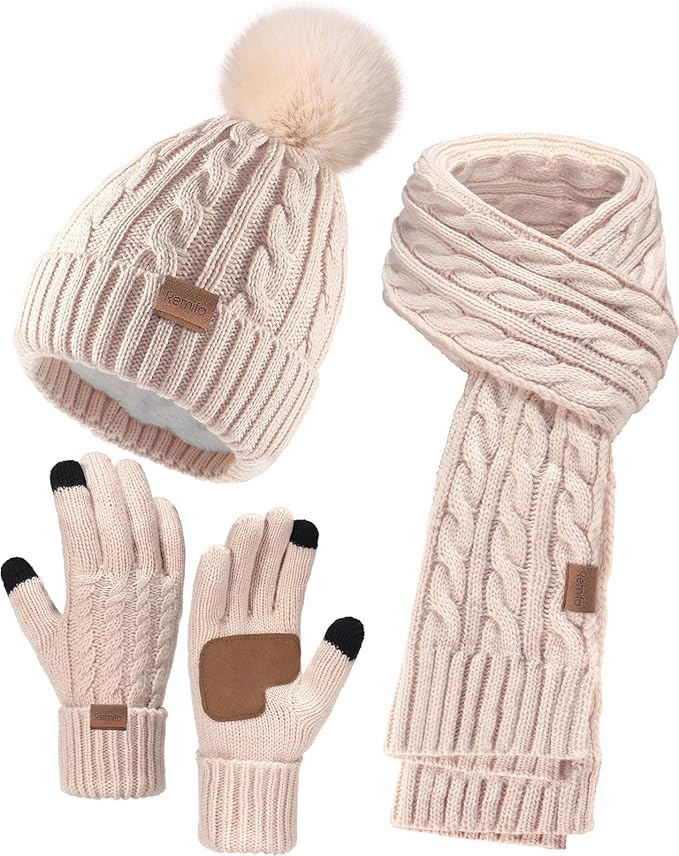 Remifa Winter Hat Scarf Gloves Set for Women, 3 PCS Beanie Hat Touchscreen Glove Long Neck Kint Scarf Valentines Gifts