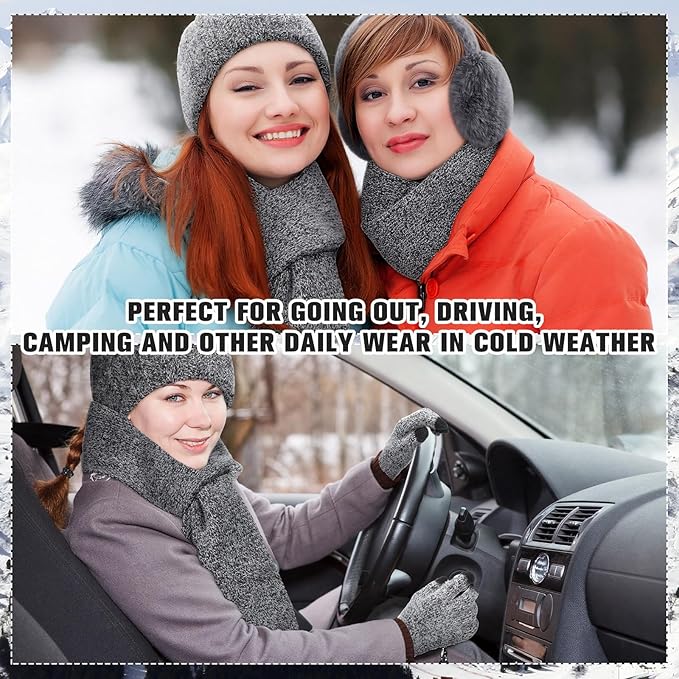 Geyoga 6 Pcs Winter Knit Set Beanie Hat Long Scarf Touchscreen Gloves Ear Muff Socks Warm Valentine Gift for Women Men Snow(Dark Grey,Chic Style)