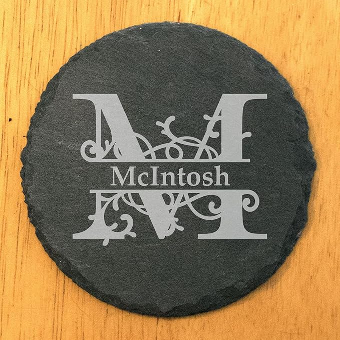 Nature's Touch: Personalized Slate Coasters with Vine Monogram - Round Slate - Set of 4