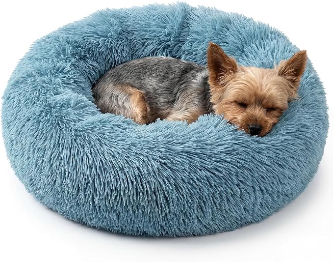 Calming Donut Small Dog Bed for Chihuahua Yorkie Maltese Shih Tzu | 19 Inch Washable Puppy Bed,Ultra Soft Faux Fur Round Dog Bed,Blue