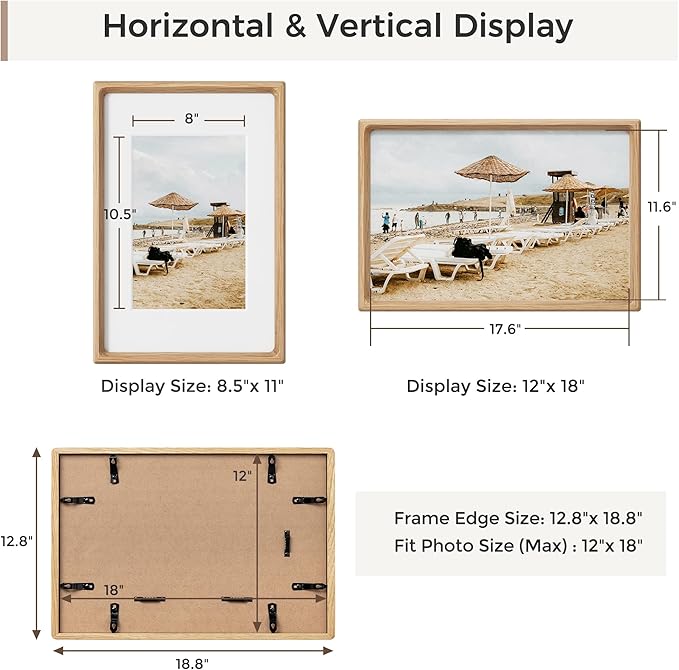Heimlove 12x18 Picture Frames Natural Oak,Original Wood Hand Make Crafted Certificate Frame with Mat to 8.5x11 Graduation Picture Display,Family Picture,Wedding Picture,Diploma,Photo Wall Mounted