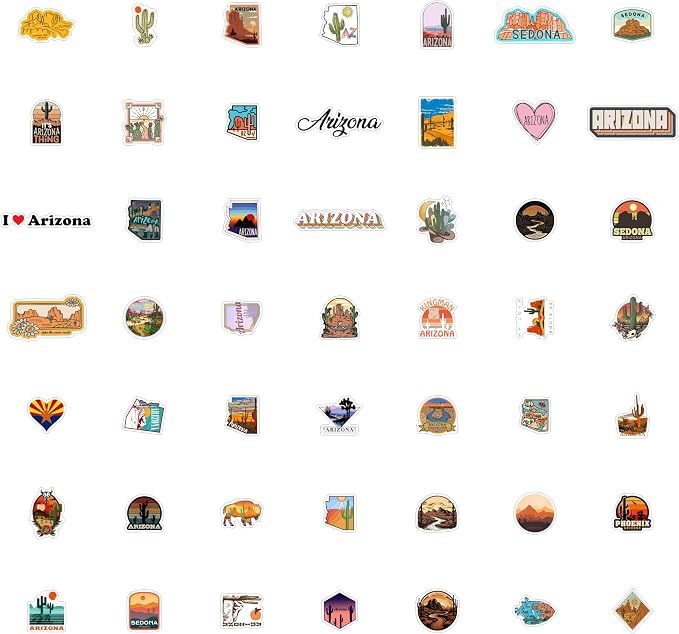 100Pcs Arizona Stickers for Water Bottle and Laptop - Arizona Party Supplies & Decorations, Waterproof Vinyl Decals, State Pride and Icon Stickers, Gifts for Women & Men