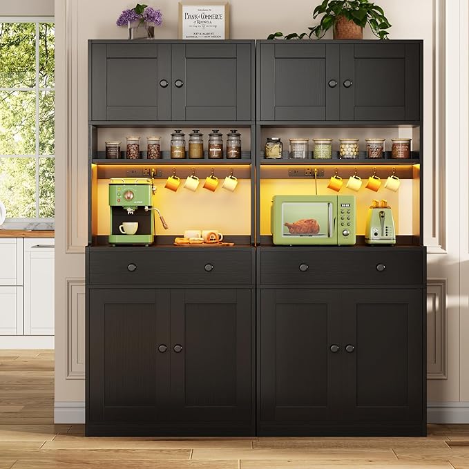 Korfile 71" Tall Kitchen Pantry Storage Cabinet with Power Outlet & LED Light, Freestanding Food Pantry Cabinet with 4 Doors and Shelves, Cupboard with Drawer, Hutch with Microwave Stand (Black)