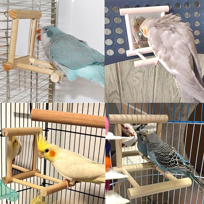 Bird Mirror Parakeet Mirror Perch Stand Wooden Swing Mirror Toy Cage Accessories for Cockatiel Parakeet Budgie Lovebird Small Parrots
