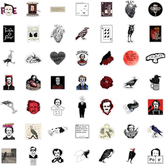 100Pcs Edgar Allan Poe Stickers for Water Bottle and Laptop - Edgar Allan Poe Party Supplies & Decorations, Waterproof Vinyl Decals, Literature and Gothic Stickers, Gifts for Women & Men