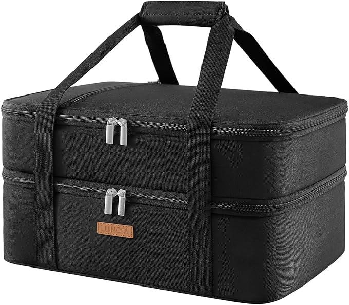 LUNCIA Insulated Double Decker Casserole Carrier, Lasagna Lugger Tote Keeps Food Hot or Cold, Thermal Lunch Bag for Potluck Parties, Picnic and Cookouts, Fits 9" x 13" Baking Dish, Black