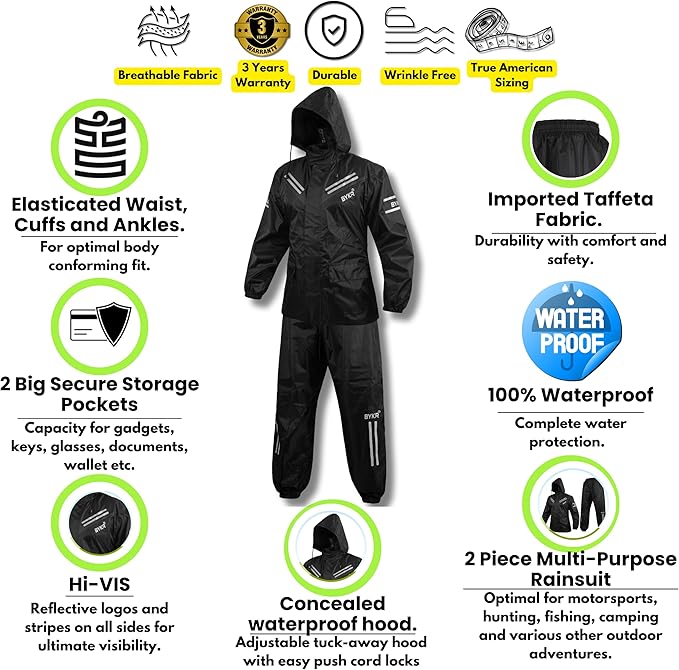 BYKR Waterproof Outdoors Motorcycle Rain Suits for Men & Women Cycling 2-Piece Breathable & Windproof Wet Weather Protection