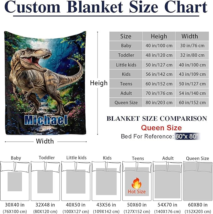 Custom Boy Blanket with Dinosaur - Personalized Throw Blanket Gift for Boys Kids Adults (Dinosaur Design)