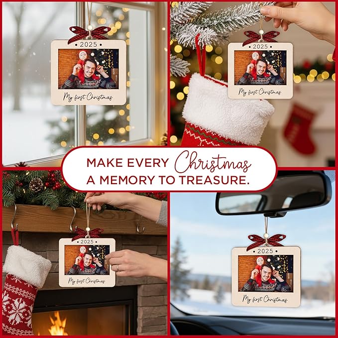 Babys First Christmas Ornament 2025 Girl And Boy - Wooden Landscape Picture Frame Ornaments For Tree - My First Christmas Ornament - New Dad Gift - Baby's First Christmas Gifts 2025