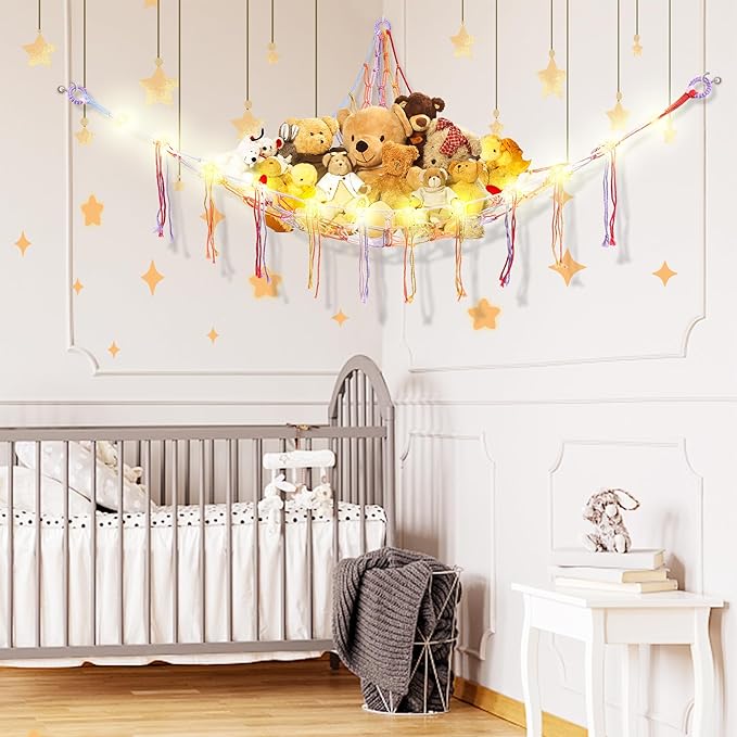 CERETIA Stuffed Animal Hammock with LED Light, Large Stuffed Animals Storage Corner Plushie Net for Kids Room Decor, 2 Packs Rainbow