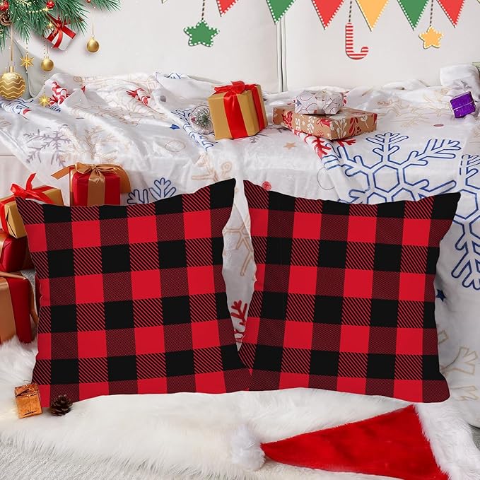 Fukeen 2 Pack Waterproof Outdoor Christmas Pillow Covers 20x20 Inch Red and Black Buffalo Plaids Checked Throw Pillow Cases New Year Winter Farmhouse Decorations Cushion Cover Double Sided