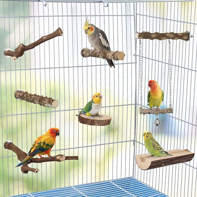 7pcs Natural Wood Bird Perch DIY Bird Cage Accessories Stand Sticks | Natural Bird Perches Kit Including Chewing Stick Platform Swing Toy for Bird Cage Inside & Outside Parakeet Cockatiel Conure