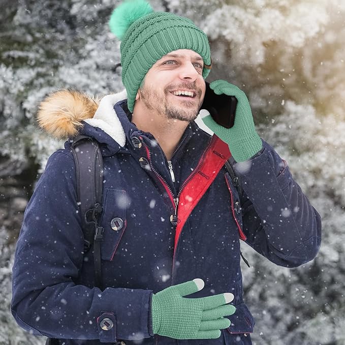 Aneco Womens Winter Warm Sets Knitted Fur Pompoms Beanie Hat Circle Loop Scarf Touch Screen Gloves Winter Favor Accessories