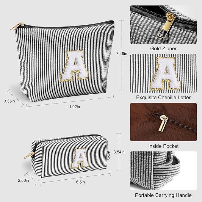 YOOLIFE Initial Personalized Preppy Makeup Bag - Monogrammed Birthday Gift for Women & Girls - Mother's Day Gift - Black
