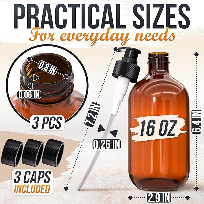 Amber Plastic Soap Dispenser with Pump Set of 3 – 16 oz Refillable Shampoo and Conditioner Bottles – Durable & Reusable for Hand Soap, Dish Soap, Lotion, Gel, Body Wash in Kitchen, Bathroom, Shower