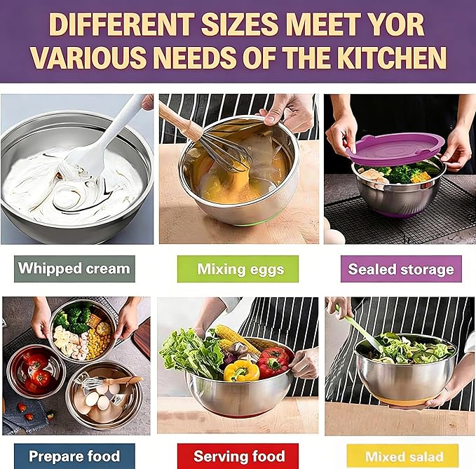 Umite Chef Mixing Bowls with Lids Set, 26Pcs Colorful Stainless Steel Bowls Set, Nesting Bowls with Grater Attachments, Large Kitchen Bowls Set with Non-Slip Bottoms for Mixing & Serving