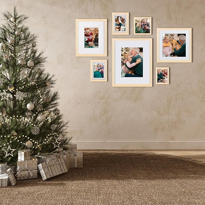Egofine 12x16 Picture Frames Set of 4, Made of Solid Wood Covered by Plexiglass 9x12 and 11x14 with Mat or 12x16 without Mat, for Wall Mounting Photo Frame Oak Wood