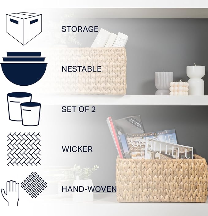 happimess BSK1008A-2SET Leif Rustic Minimalist Hand-Woven Hyacinth Nesting Wicker Storage Baskets with Handles, Seagrass Container for Decoration in Living Room, Bedroom, Entryway, Natural (Set of 2)
