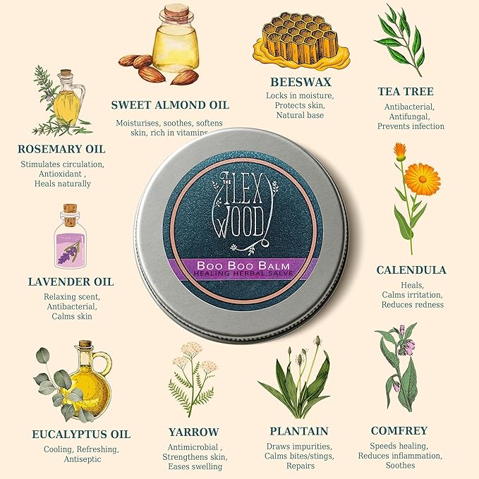 The Ilex Wood - Herbal Healing Salve Boo Boo Balm - For skin irritation, scrapes, bites and stings, palm oil free, cruelty free, plastic free, handcrafted - 3.38 fl oz (100ml)