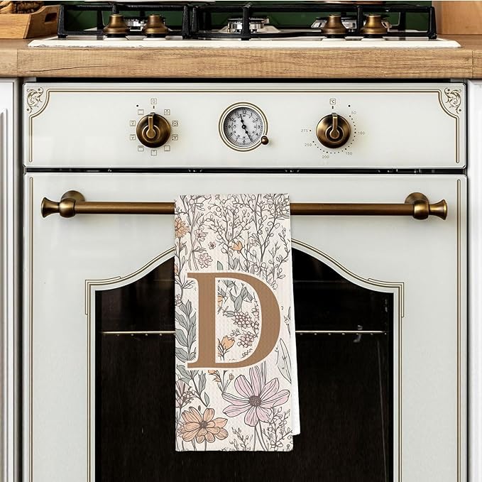 Initial D Personalized Floral Kitchen Towels Dish Towel, Custom Hand Towels for Bathroom, Monogrammed Gifts for Women Mom, Boho Floral Decorative Kitchen Towels Tea Towel, 16x24 Inch
