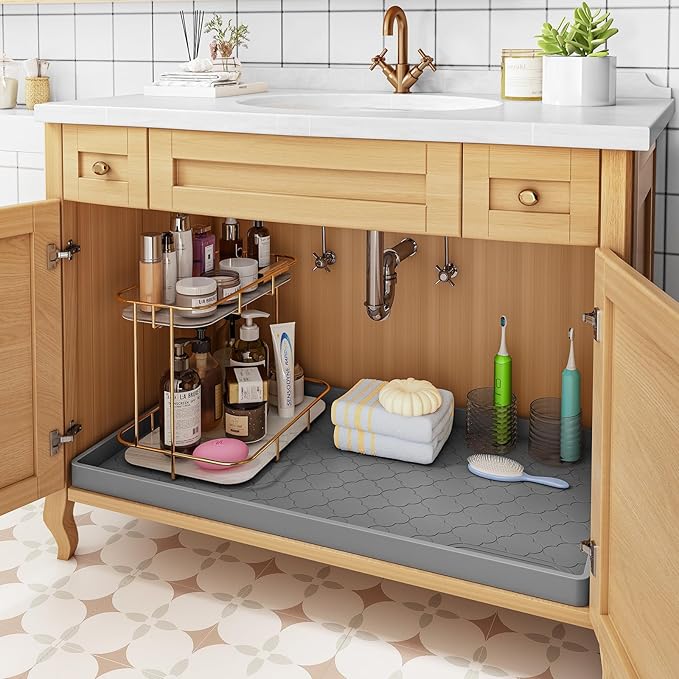 Jin&Bao Waterproof Under Sink Mat 37" x 19", Thick Silicone Mat Cabinet Protector for Kitchen and Bathroom, Shelf Liner, Home Organizer and Storage, Multipurpose Tray for Gadgets and Essentials