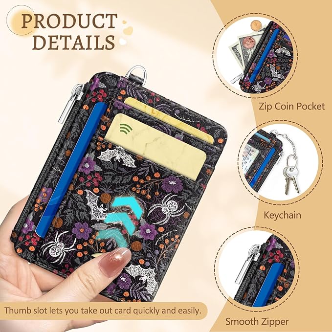 Kelvoris Credit Card Holder Small Wallet Women, Slim RFID, Goth Bat Spider | Keychain, Zipper Coin Pocket, Front Pocket Thin Travel Card Case, Minimalist, 6 Card Slots, 1 ID Window, Ladies Gifts Woman