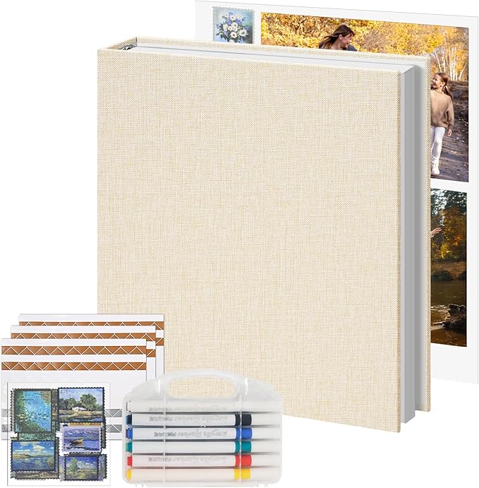 Vienrose Photo Album Scrapbook, 3 Ring 8" x 10" Linen Cover Kraft Paper Memory Book with 30 Sheets 60 Pages, Scrapbook Set for Wedding, Anniversary, Family, Travel, Beige
