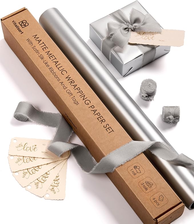 Vitalizart Silver Matte Metallic Wrapping Paper Set 17" With Silk Satin Ribbon & Gift Tags Christmas Gift Wrapping Birthday Baby Shower Wedding Bouquets Handmade Crafts 197"(16.4 Ft) Silver Ribbon