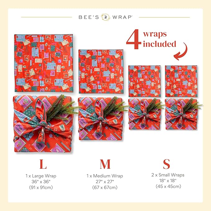 Bee's Wrap Furoshiki Reusable Cotton Fabric Wrapping Paper - Seasons Greetings Pack of 4 Gift Wraps - Gift Wrapping Supplies - Eco Friendly Alternative to Bags and Paper Rolls