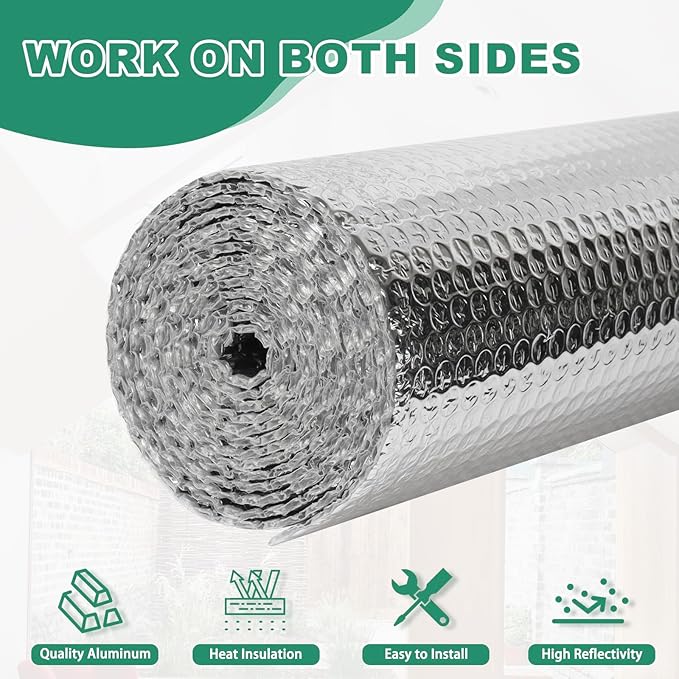 Reflective Bubble Insulation Sheet, Double Side Aluminum Foil Bubble Shield, Aluminum Foil Thermal Insulation Radiant Barrier for Windows, RV, Roof, Garage Door (59IN X 8.2FT)