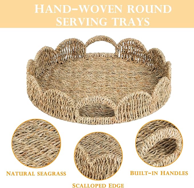 Scalloped Serving Tray, 13.8" Woven Round Table Decor Tray, Wicker Rattan Basket with Handles, Natural Seagrass Tray for Room Decor, Set of 2