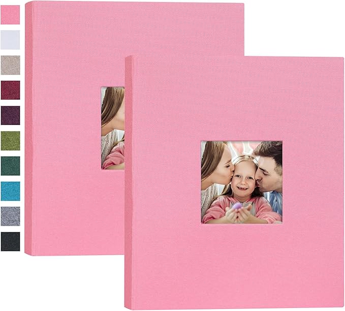 Mublalbum 2 Pack Small 8x10 Photo Album 2 Pack Linen Cover with Display Window Mini Picture Book Each Holds 52 Vertical Pockets for Artwork Postcards or Pictures Storage (Pink)