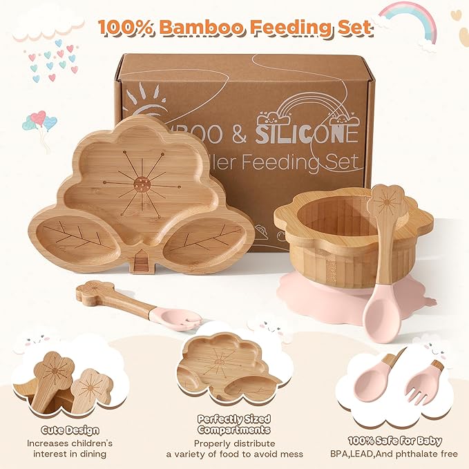Bamboo Suction Plates Bowls Set for Baby Toddler - Includes Bamboo Bowl, Divided Plate, Silicone Fork & Spoon, All-Natural Baby Feeding Set for Baby-Led Weaning