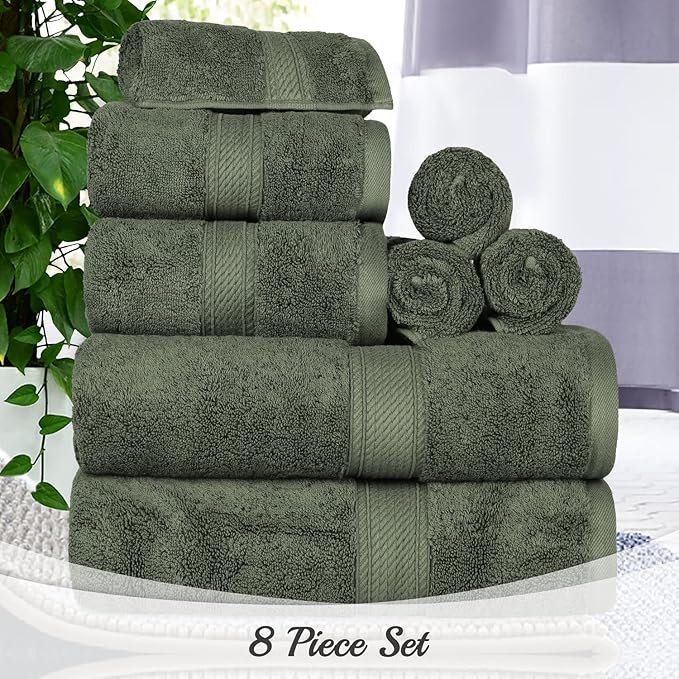 BLUENILEMILLS Madison Egyptian Cotton Towels, Towel Set for Bathroom, Shower, Hotel, Plush, 900 GSM, Highly Absorbent and Ultra-Soft Towels, Bath Essentials, 8 Piece Assorted Towel Set, Forest Green