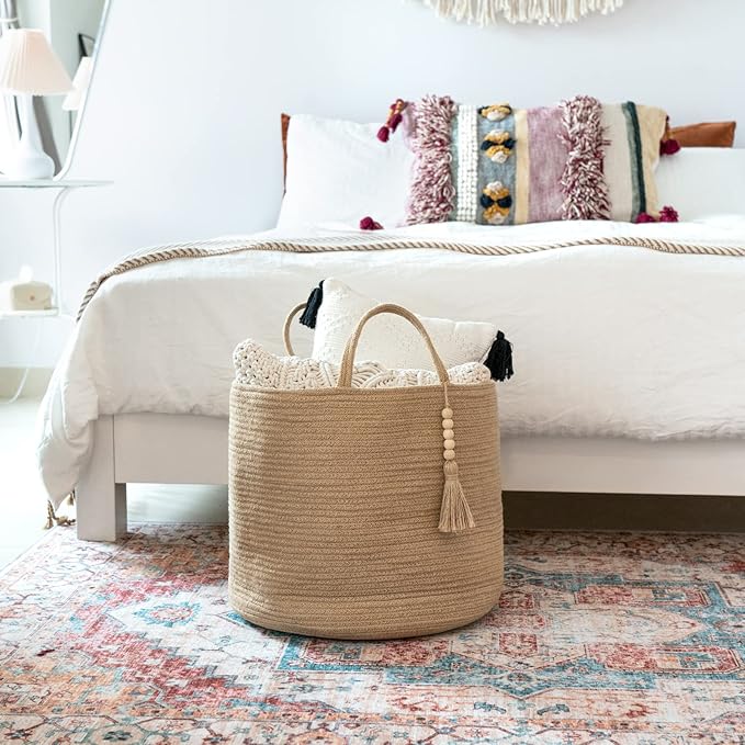 Mkono Tall Wicker Laundry Basket Woven Storage Basket Decorative Natural Rope Basket Wooden Bead Decoration for Blankets,Toys,Clothes,Shoes,Plant Organizer Bin with Handles Living Room 15" Wx17.7 L