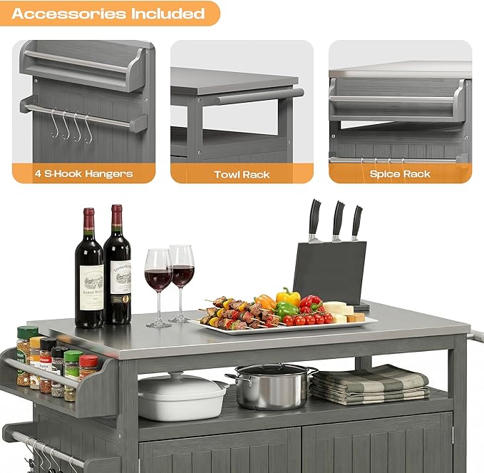 FUQARHY 43.3-Inch Outdoor Kitchen Island with Storage Cabinet and Stainless Steel Top, Solid Wood Prep Station Grill Table with Lockable Wheels for Patio, Backyard, Party (Gray)