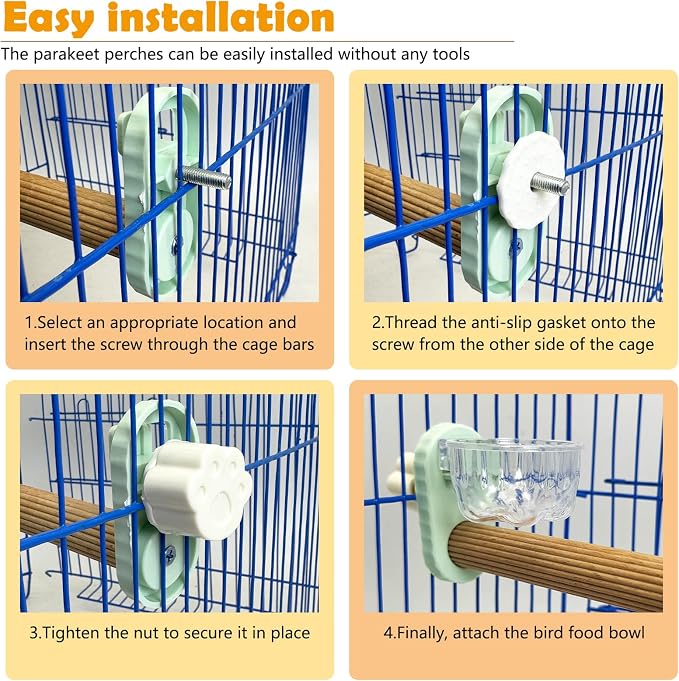 Kathson 3Pcs Bird Perch Feeding Cup Natural Wood Perches with Removable Bird Feeder for Cage Parrot Stand for Parakeets, Budgies, Cockatiels,Parrots, Birds Chewing Stick (Green)