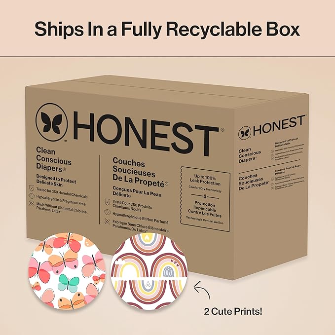 The Honest Company Clean Conscious Diapers for Sensitive Skin Up to 100% Leakproof Hypoallergenic Fragrance-Free Baby Girl Prints Super Club Box Size 5 (27 lbs) 84 Count (Prints