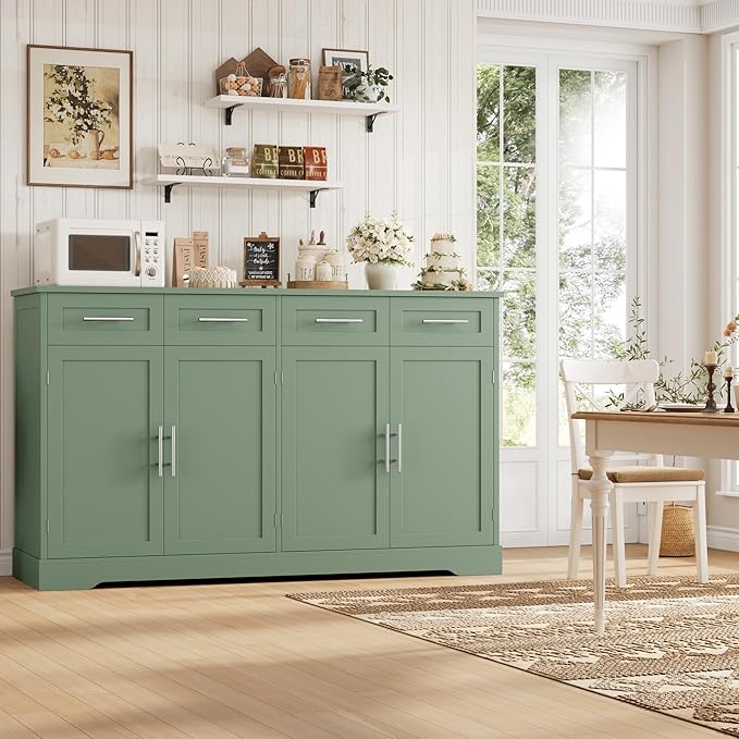HOSTACK 60" Large Buffet Sideboard with Storage, 36" Tall Kitchen Buffet Storage Cabinet with 4 Drawers, Modern Coffee Bar Cabinet with Gold Handles, Long Sideboard Buffet Table for Kichen, Green