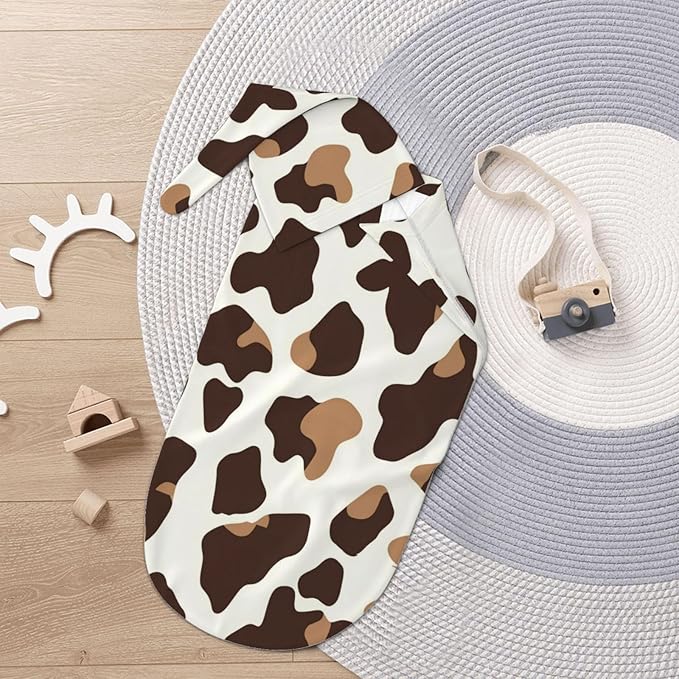 Newborn Swaddle Blankets and Hat Set Soft Cotton Baby Swaddle Wrap Warm Infant Receiving Blanket Cow Print-7