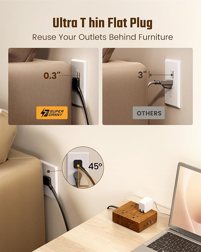 Brown Extension Cord 10Ft, Flat Plug Power Strip Surge Protector, 8 Outlets & 4 USB Ports (2 USB C), Desktop Charging Station Hidden Behind Furniture, Decorative Office Desk Accessories (Walnut Wood)