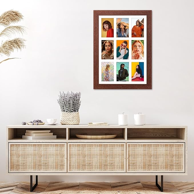 13.5x19.5 Picture Frame Display 9 opening 4X6 Picture Frame Collage,Multi Photo Frame with Mat,Plexiglass,Wall or Tabletop Decor,Walnut Wood Grain